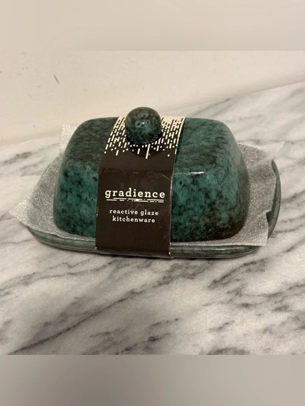 Gradience Reactive Glaze Ceramic Butter Dish in Teal Green new in package